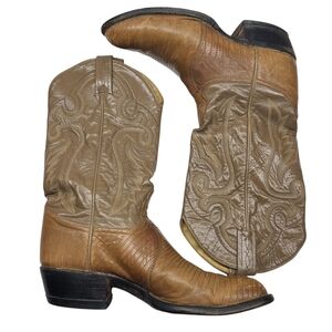 Tony Lama Tan And Cream Lizard R-Toe Exotic Western Boots Sz 8